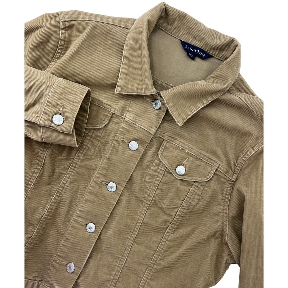 Lands End Tan Corduroy Trucker Jacket Womens Large Petite 14-16 Camel Stretch